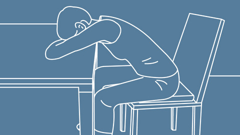 Sitting at a table: How to adopt the breathe-easy position Grafische Darstellung einer Person, die auf einem Stuhl sitzt, die Arme vor sich auf den Tisch gelegt und den Kopf darauf abgelegt
