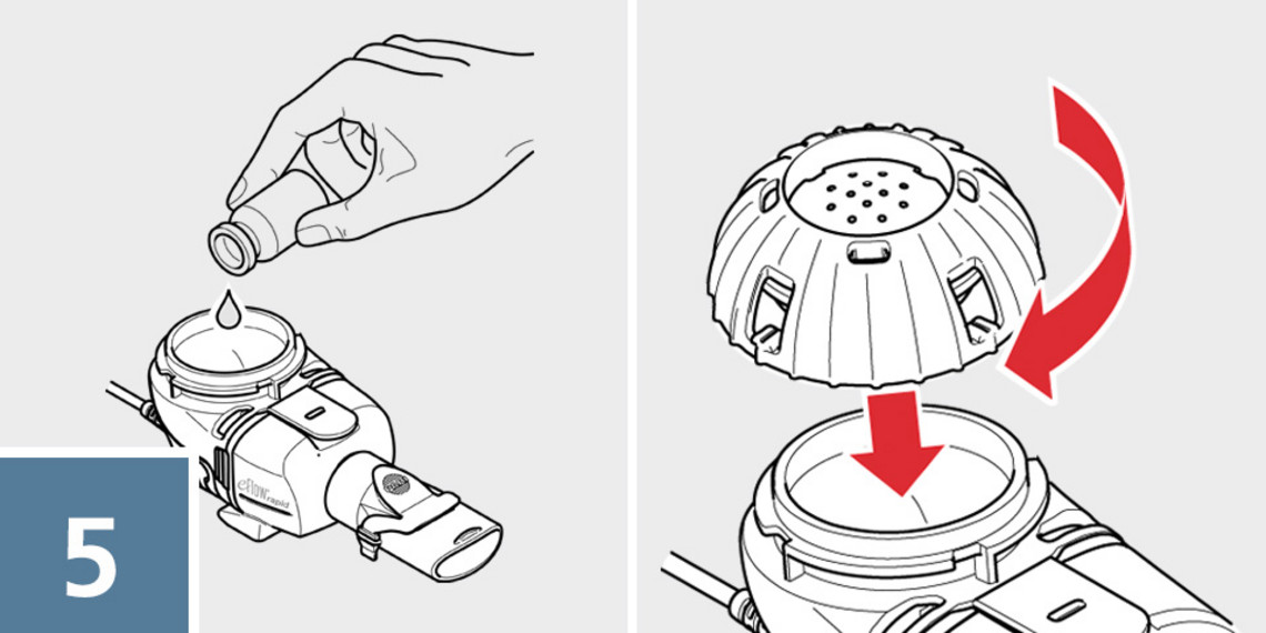 eFlow inhale correctly step 5 Hand adding inhalation solution to the nebuliser reservoir before placing the medication cap onto the handset.