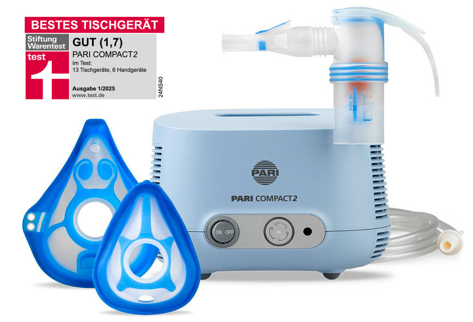 Produktabbildung – PARI COMPACT2 Inhaliergerät mit PARI LC SPRINT COMPACT Vernebler, PARI Babymaske soft, PARI Kindermaske soft, Mundstück universell, Anschlussschlauch und Stiftung Warentest Auszeichnung Bestes Tischgerät GUT (1,7).