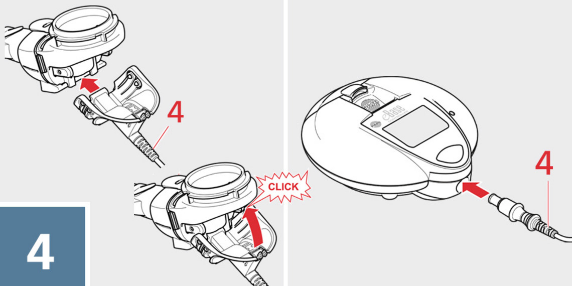 eFlow inhale correctly step 4 "Illustration showing the nebuliser handset being connected to the controller using the designated connection cord.