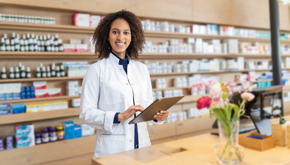 Freundliche Apothekerin mit lockigen Haaren und weißem Kittel steht in einer Apotheke vor Regalen mit Medikamenten. Sie hält ein Tablet in den Händen und lächelt in die Kamera.