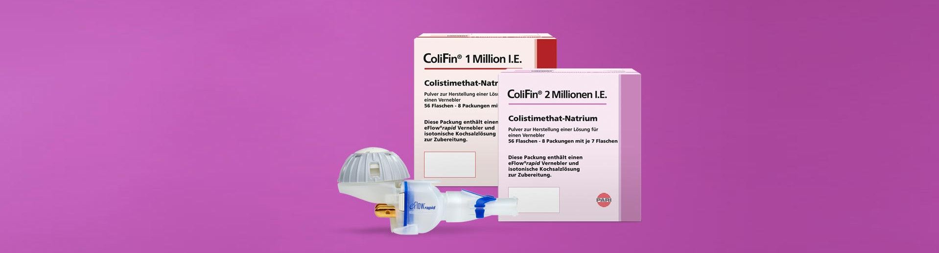 Die Abbildung zeigt eine Collage aus einer ColiFin 1Million I.E. Verpackung und einer ColiFin 2 Millionen I.E. Verpackung. Davor ist stehend ein eFlow®rapid Vernebler abgebildet.