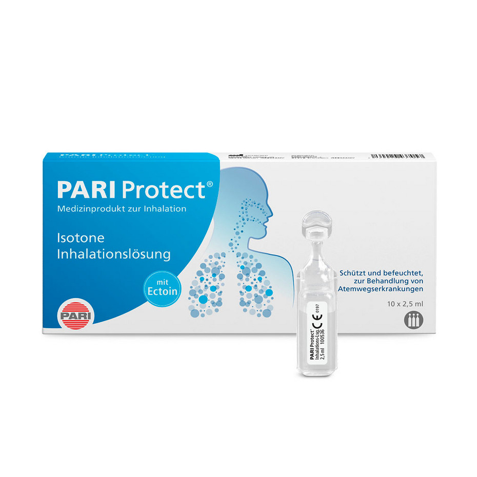 Produktabbildung – Die Abbildung zeigt im Vordergrund eine Ampulle mit PARI Protect Inhalationslösung. Im Hintergrund steht die handelsübliche Verpackung, die 10 Ampullen enthält.