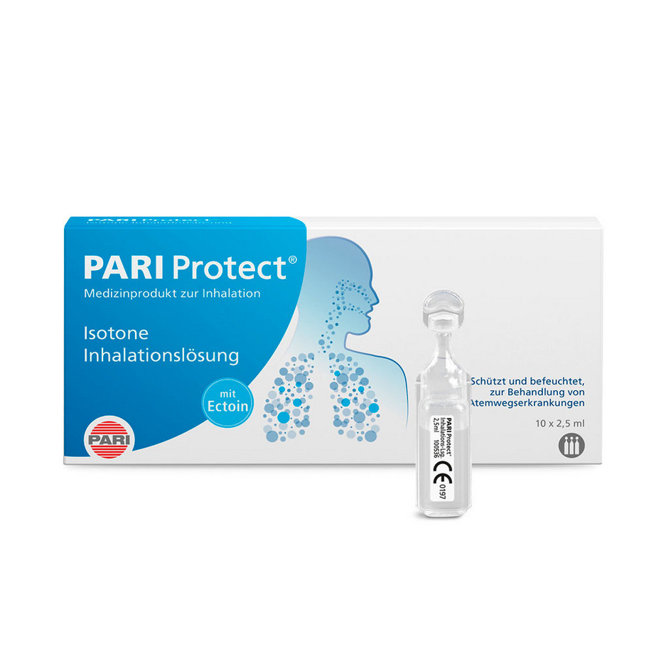 Produktabbildung – Die Abbildung zeigt im Vordergrund eine Ampulle mit PARI Protect Inhalationslösung. Im Hintergrund steht die handelsübliche Verpackung, die 10 Ampullen enthält.