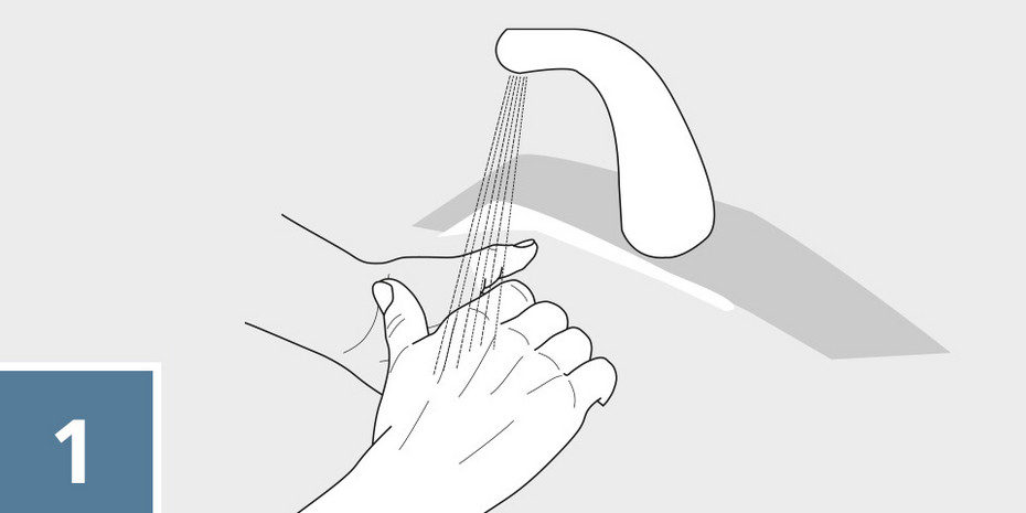 eFlow inhale correctly step 1 Hands being washed thoroughly under running water from a faucet in a simple illustrated scene.