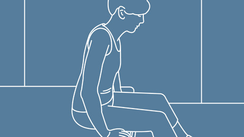 Sitting at the edge of the bed – position against shortness of breath: Instructions Grafische Darstellung einer Person, die breitbeinig auf der Bettkante sitzt, die Arme neben dem Oberkörper aufs Bett gestützt, leicht nach vorne gelehnt