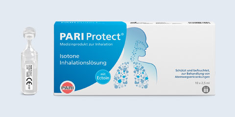 Produktabbildung – PARI Protect Inhalationslösung – Isotone Kochsalzlösung mit Ectoin. Links neben der 10er Packung steht eine einzelne Ampulle.